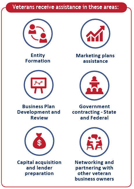 Visual card that shows different services - Entity Formation, Marketing plans assistance, Business Plan Development and Review, Government contracting - State and Federal,  Captial acquision and lender preperation, Networking and partnering with other veteran business owners