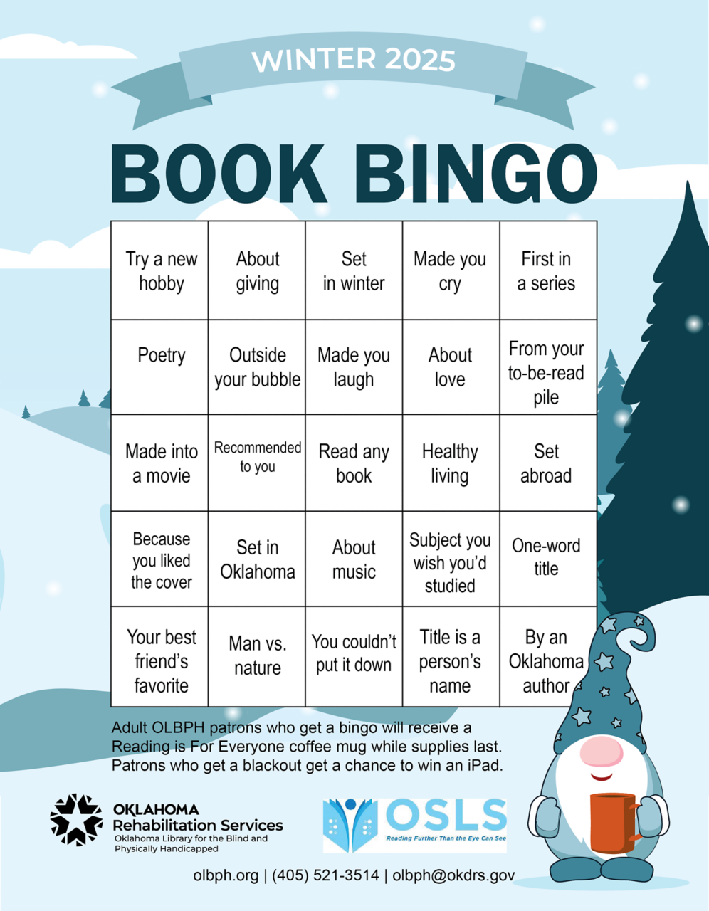 Bingo card with info about the Winter Reading Challenge