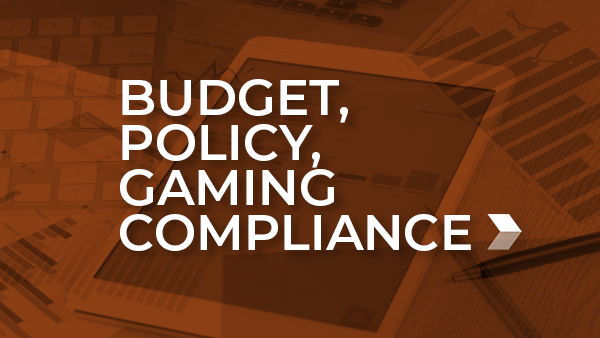 orange tile with text "budget, policy, gaming compliance"