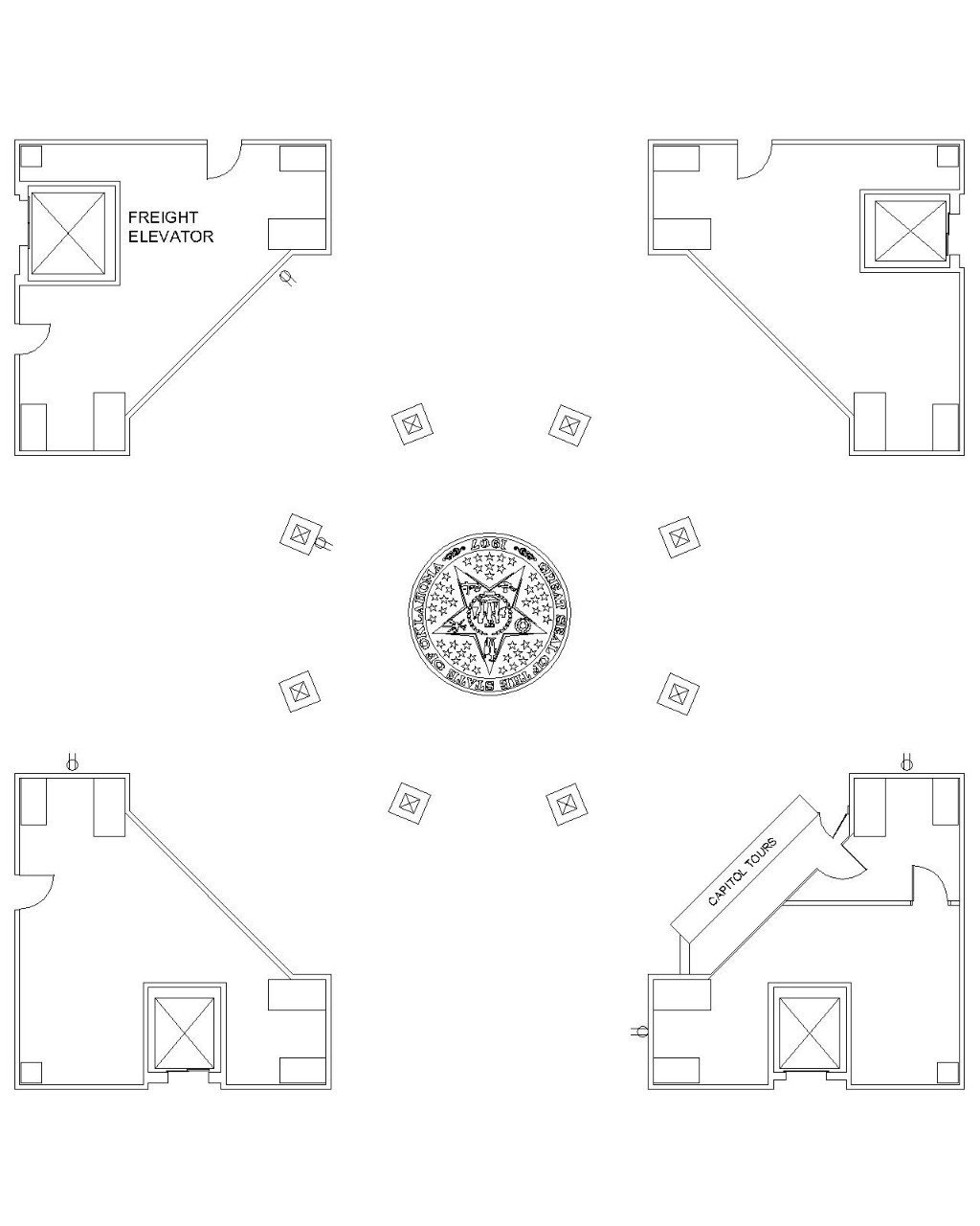 Diagram of the layout of the Oklahoma State Capitol first floor rotunda.