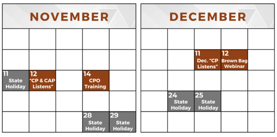 Upcoming Central Purchasing events for November and December 2024.
