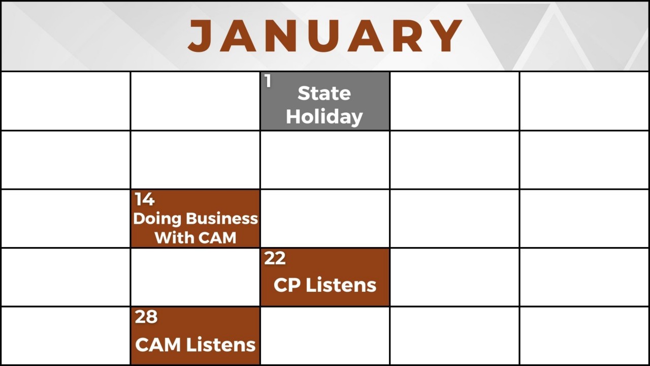 Central Purchasing Calendar of Events for January 2025