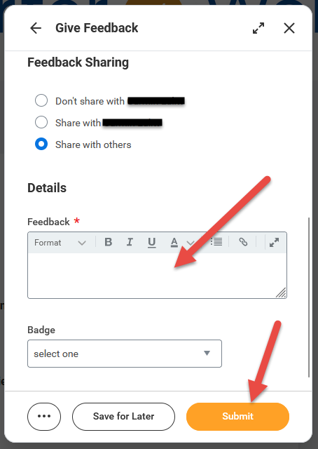 Feedback text field and submit button within Give Kudos app in Workday@OK.