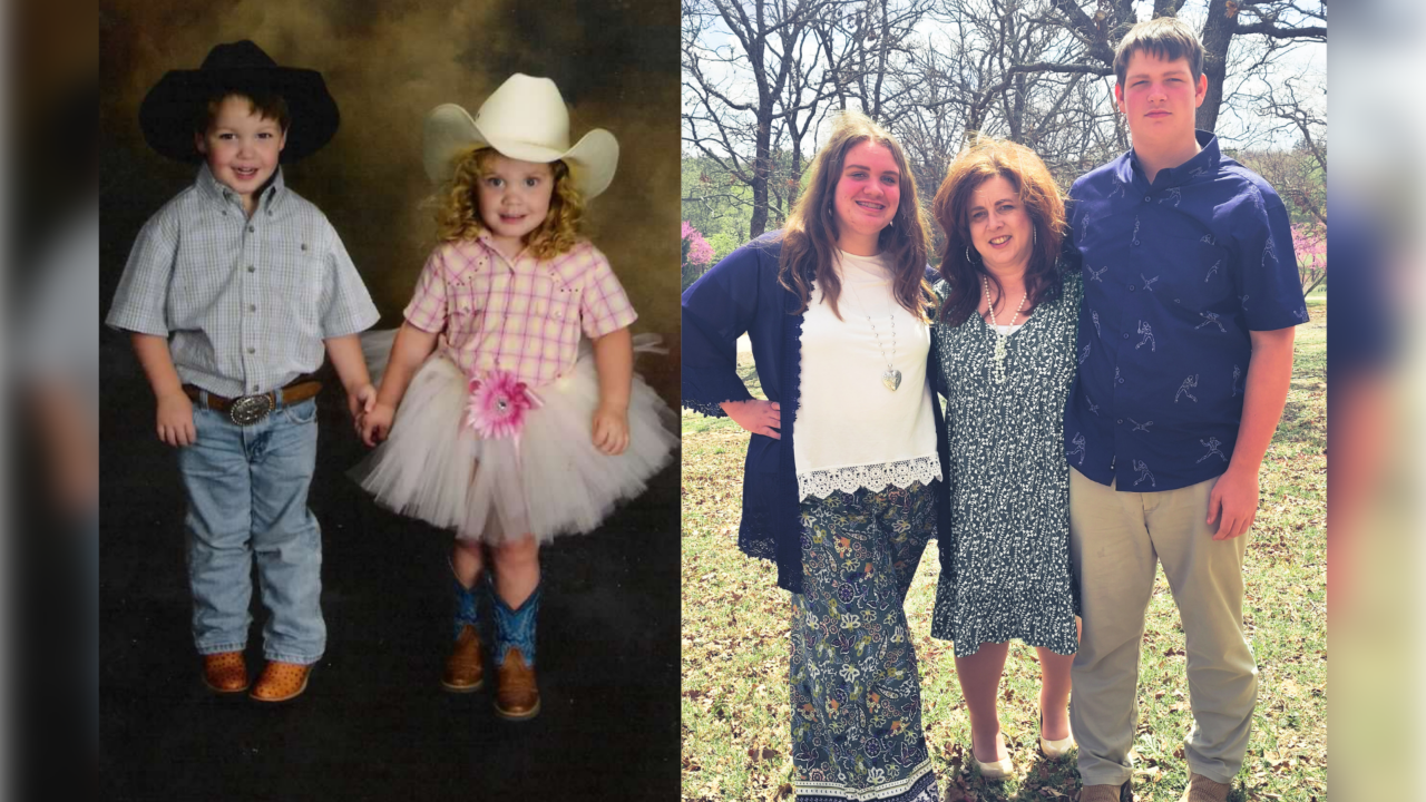 Left: Baker's two adopted children in costumes. Right: Baker and her adopted children at Easter 2021.