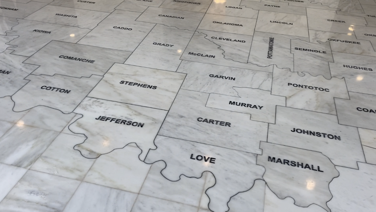 Oklahoma county map etched in marble at the Capitol Building