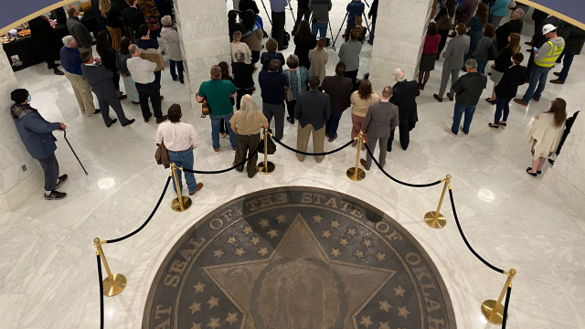 Bronze Oklahoma state seal on the ground floor of the Capitol Building