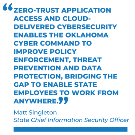 Graphic quoting state Chief Information Security Officer Matt Singleton that reads: "Zero-trust application access and cloud-delivered cybersecurity enables the Oklahoma Cyber Command to improve policy enforcement, treat prevention and data protection, bridging the gap to enable state employees to work from anywhere."