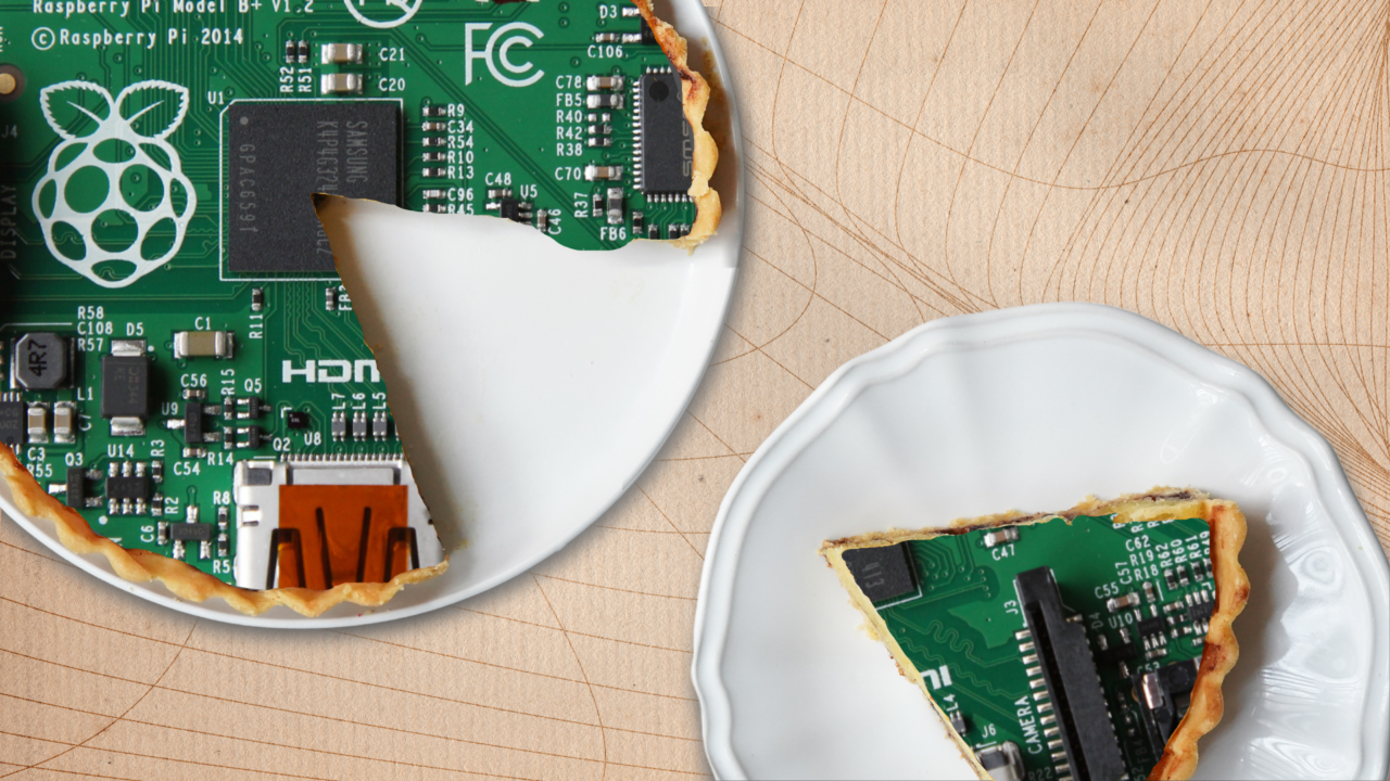 rasberry pi circuit board sliced like an edible piece of pie