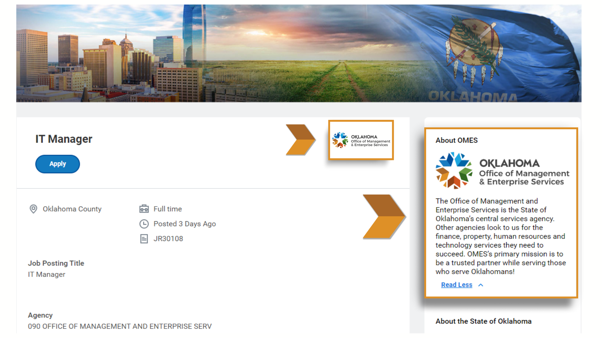 An example Workday@OK job listing is shown. On the right side of the screen, an OMES agency logo is visible, along with an overview of the agency's functions and mission.