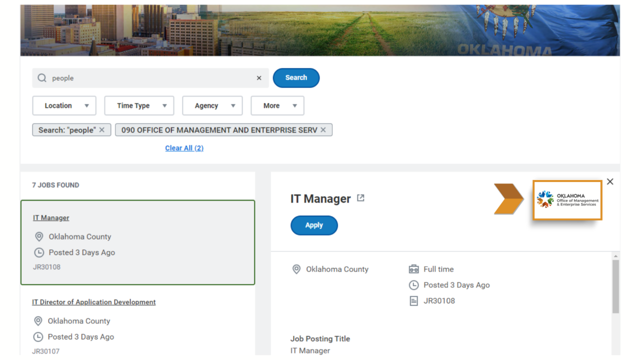 An example Workday@OK job listing overview  is shown. On the right side of the screen, an OMES agency logo is visible.