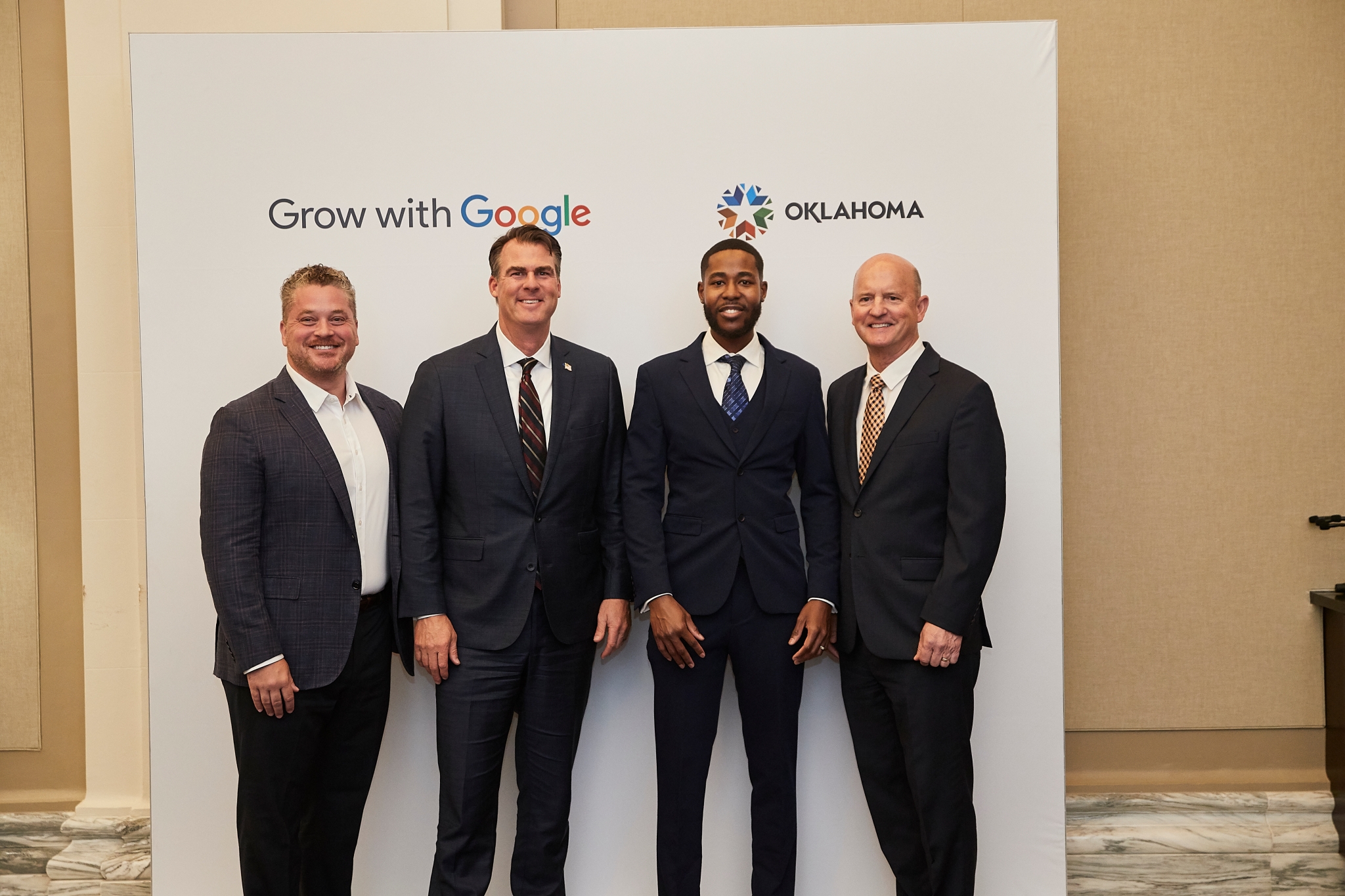 Left to right: Andrew Silvestri, Google's Head of External Affairs in Oklahoma; Gov. Kevin Stitt; Tayvon Lewis, technologist at a Fortune 500 company; State COO John Suter.