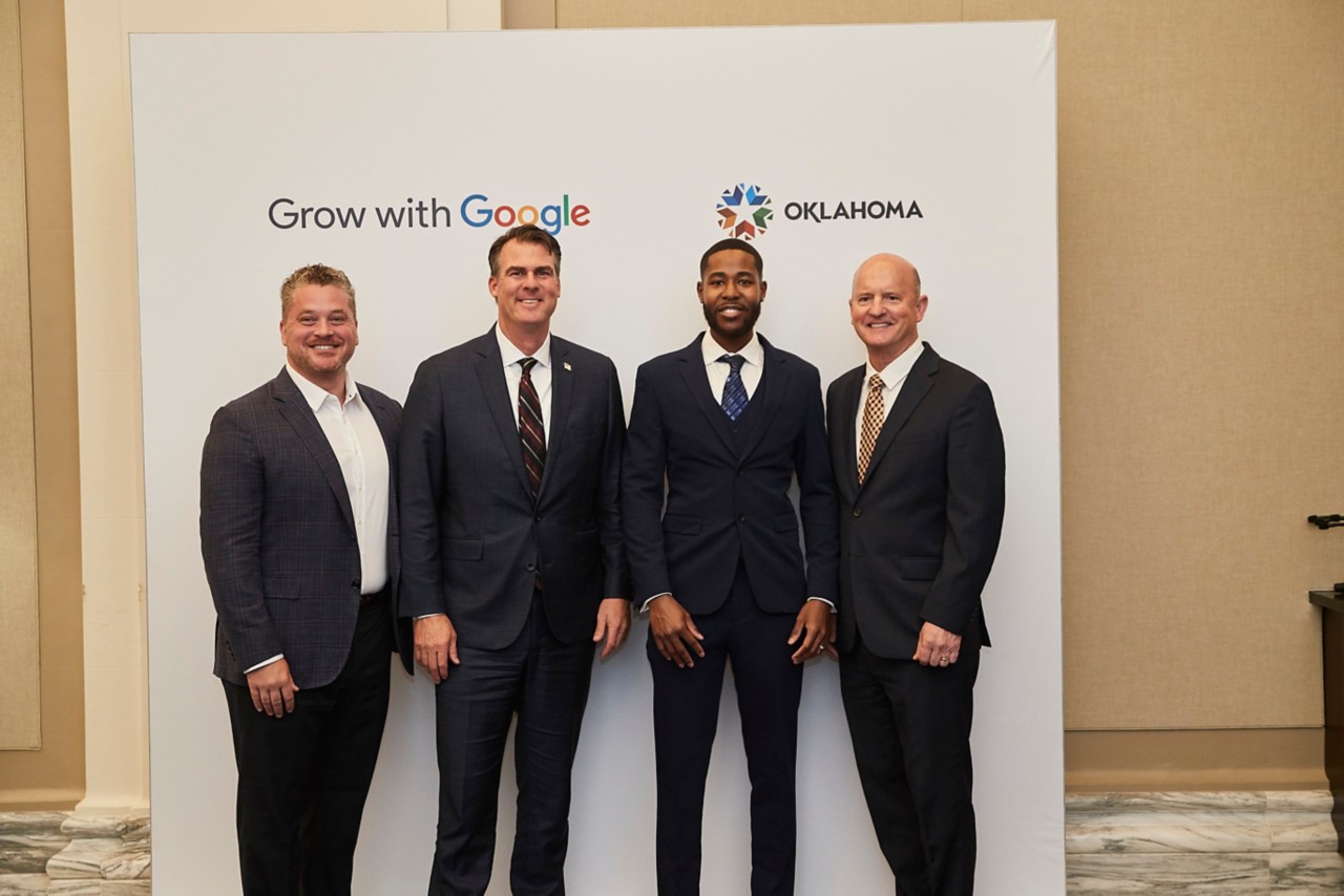Left to right: Andrew Silvestri, Google's Head of External Affairs in Oklahoma; Gov. Kevin Stitt; Tayvon Lewis, technologist at a Fortune 500 company; State COO John Suter.