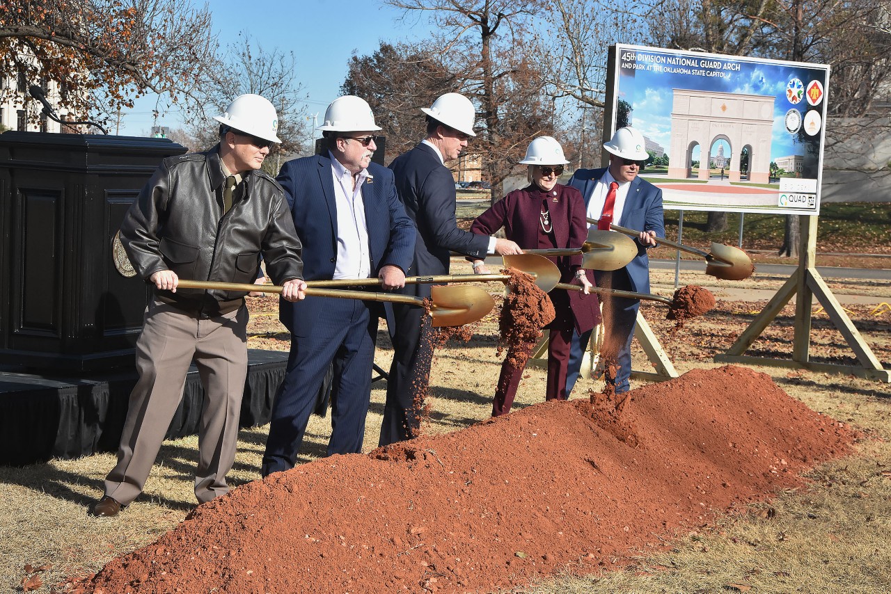 Left to right: Maj. Gen. Thomas H. Mancino, former Rep. Mark McBride, Gov. J. Kevin Stitt, Sen. Brenda Stanley and Rep. Ty Burns turn soil at the 45th Division National Guard Arch and Park groundbreaking ceremony.