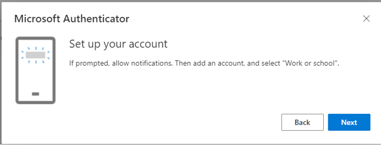 Screenshot of Microsoft Authenticator account set up with next highlighted.