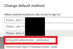 Screenshot of change default method asking which method you would like, and showing Microsoft Authenticator - notification selected.
