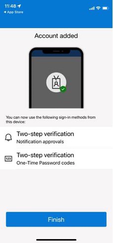 Screenshot of account added two-step verification with finish button highlighted.