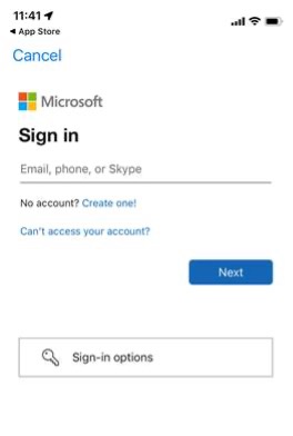 Screenshot of Microsoft sign in asking for email, phone, or Skype with next button highlighted.