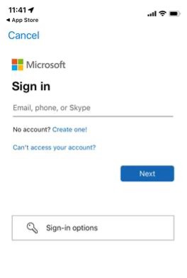 Screenshot of Microsoft sign in asking for email, phone, or Skype with next button highlighted.