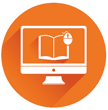 Online course icon; orange circle with white outline of computer with a book and computer mouse on screen