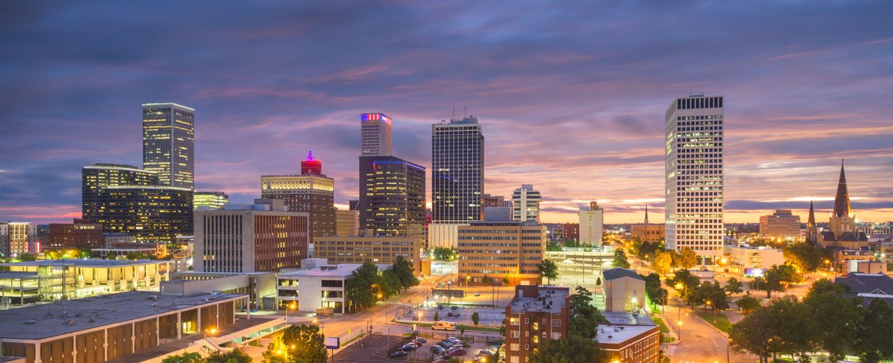 Tulsa, Oklahoma, USA downtown city skyline at twilight.
