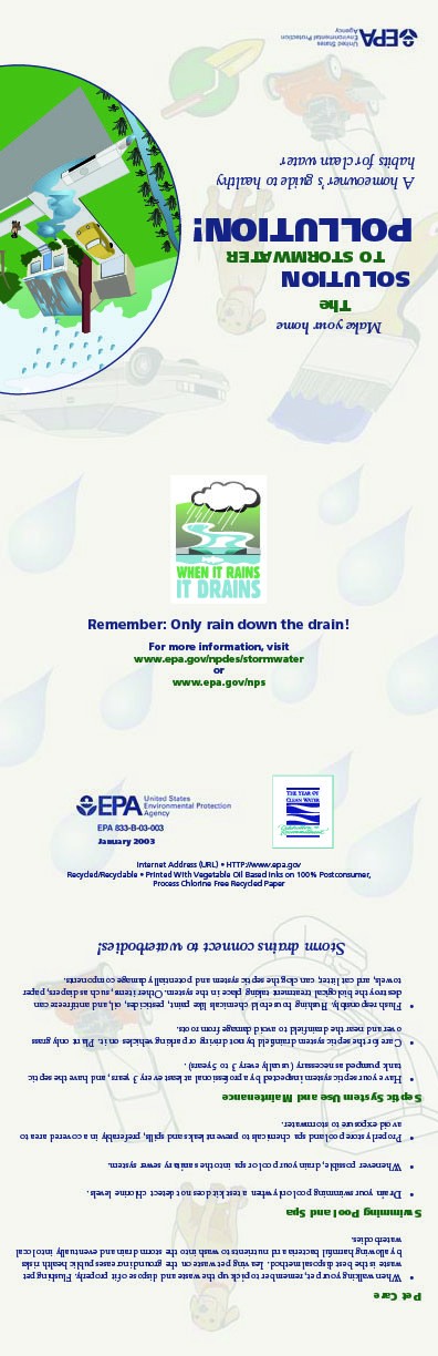 This short brochure is targeted directly to homeowners and provides tips on a wide variety of simple things that homeowner's can do to prevent stormwater pollution (EPA 833-B-03-003).