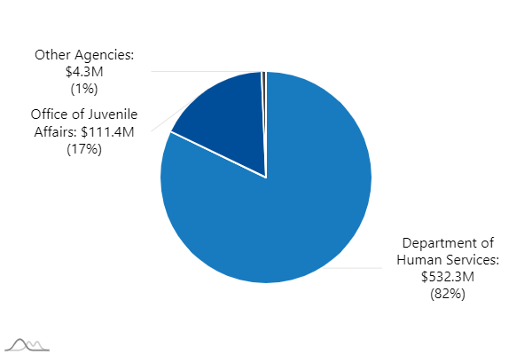 A0300-pie chart indicating:  "Agency: Department of Human Services. Expenditures: 456.5M"  "Agency: Office of Juvenile Affairs. Expenditures: 99.5M"   "Agency: Commission on Children and Youth. Expenditures: 3.4M"  "Agency: Other Agencies. Expenditures: 3.4M"