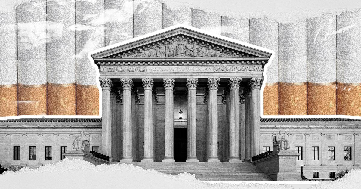 Supreme court building with cigarettes in the background graphic