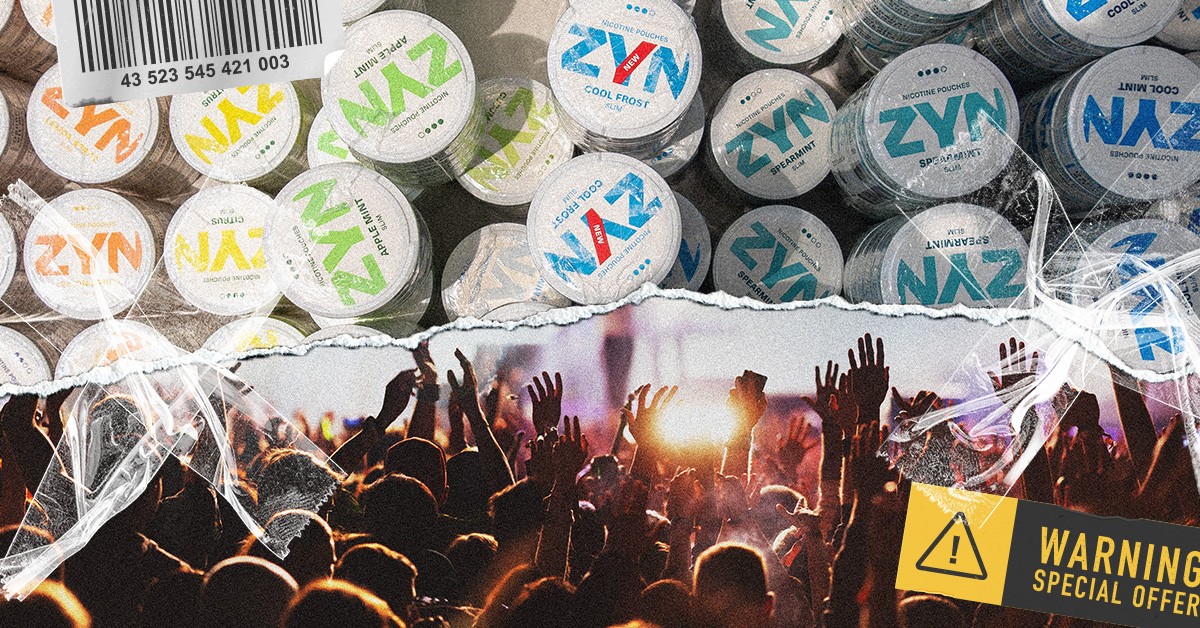 Zyn packages and a concert full of people with a warning label